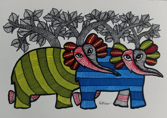 Gond Art Painting – Blue and Green Elephants (unframed)