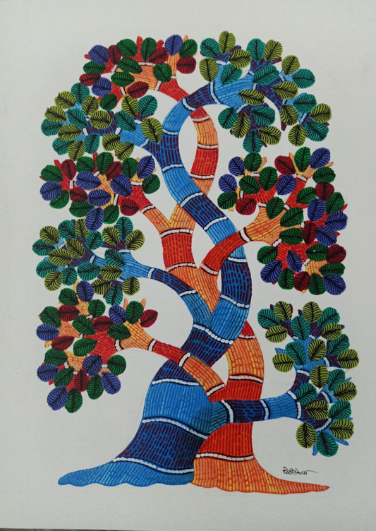 Gond Art Painting – Orange and Blue Tree (unframed)