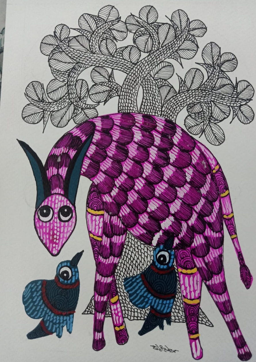 Gond Art Painting – Magenta Deer, Two Blue Birds, and Tree (unframed)