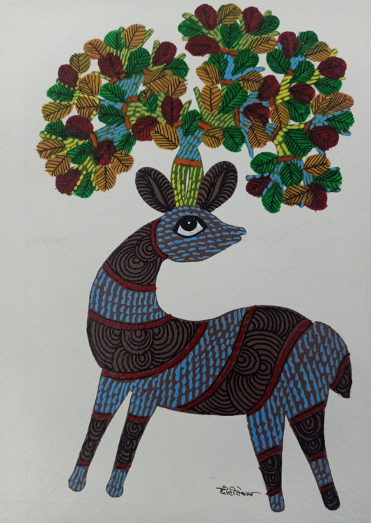 Gond Art Painting – Blue and Black Deer and Tree (unframed)