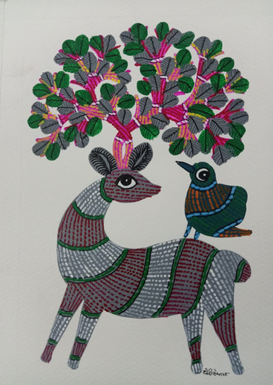 Gond Art Painting – gray deer, gray bird, and a tree with pink hues (unframed)