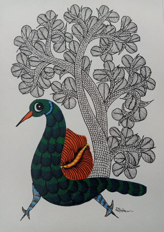 Gond Art Painting – Green and Orange Peacock and Black and White Tree (unframed)