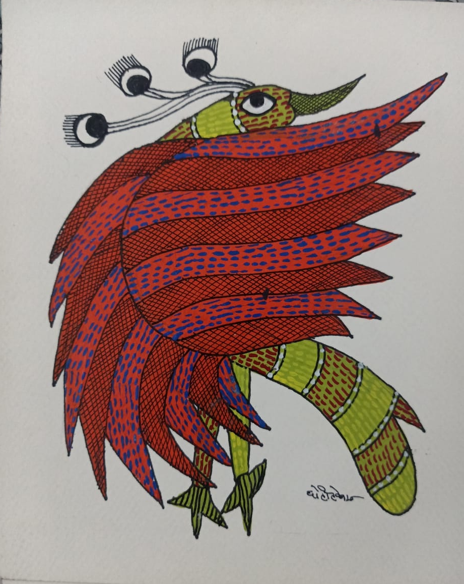 Gond Art Painting – Green and Red Dancing Peacock (unframed)